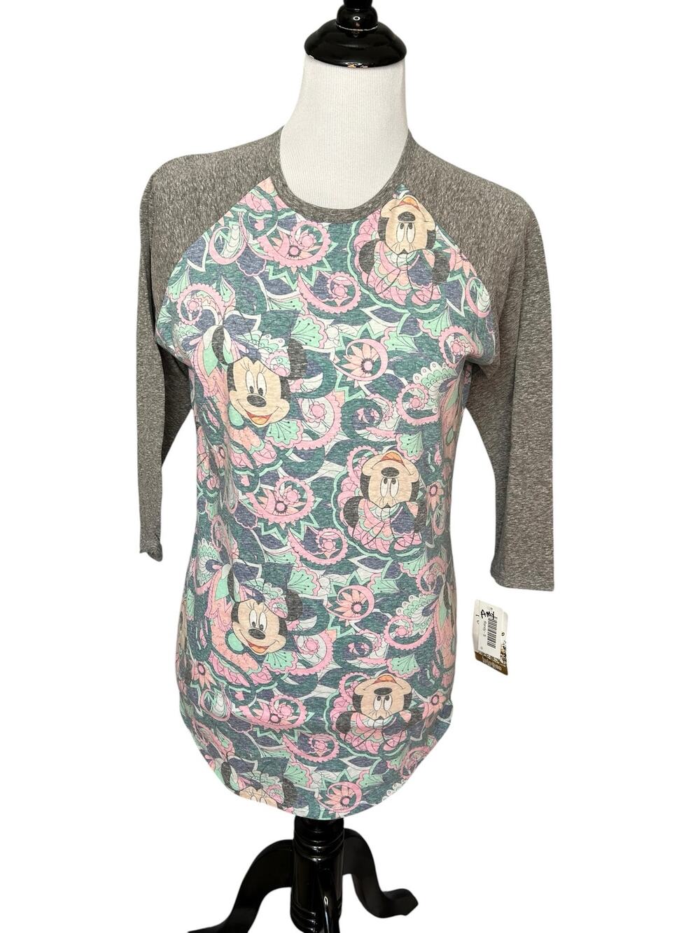 NEW LuLaRoe Top Women S "Randy" Minnie Disney 3/4 Sleeve Heather Gray Green